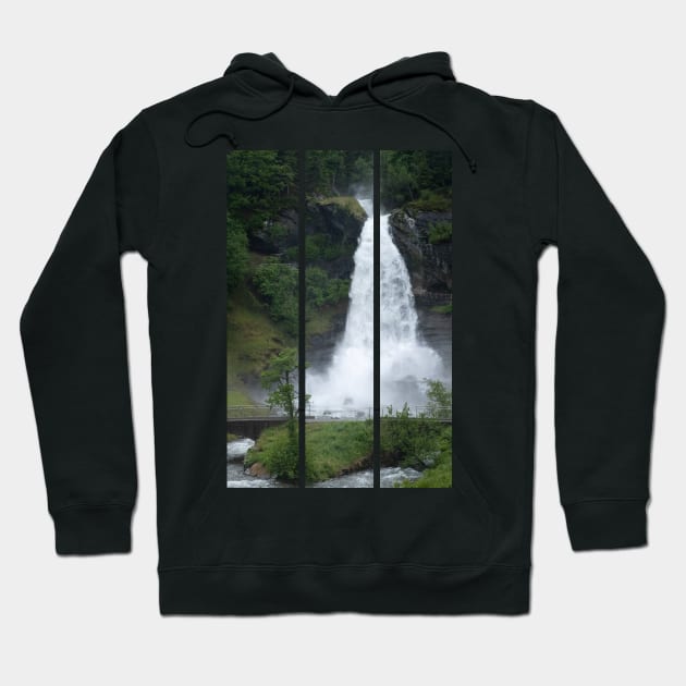 Wonderful landscapes in Norway. Vestland. Beautiful scenery of  Steinsdalsfossen waterfall from the Fosselva river. Mountains, trees in background. Rainy day (vertical) Hoodie by fabbroni-art